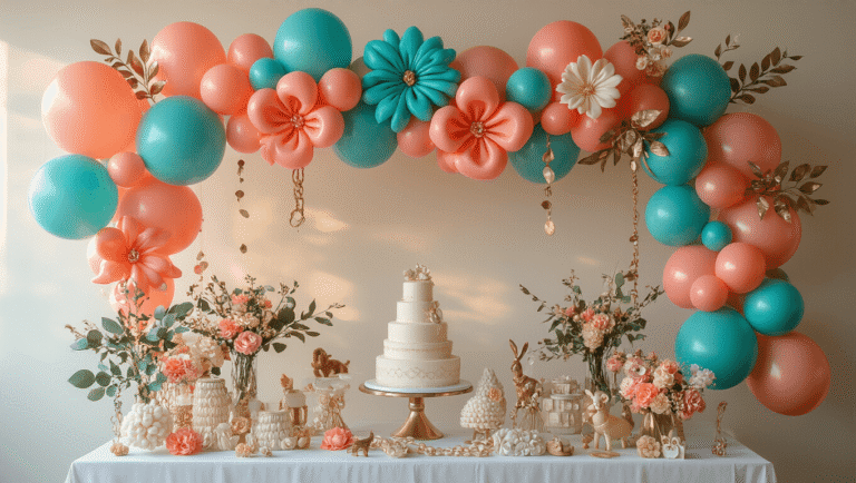 Long Balloon Ideas That'll Transform Your Next Party Cinematic overhead view of a sophisticated party balloon installation with coral, turquoise, and champagne balloons forming chains, flowers, and bows, illuminated by golden hour light over a white linen dessert table with metallic accents.