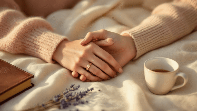How Long Should You Date Before Getting Married? The Real Answer Nobody Talks About A close-up of two intertwined hands on soft cream fabric, one adorned with a gold band, surrounded by a dusty rose sweater, dried lavender, a vintage journal, and a white coffee cup, bathed in warm golden hour light.