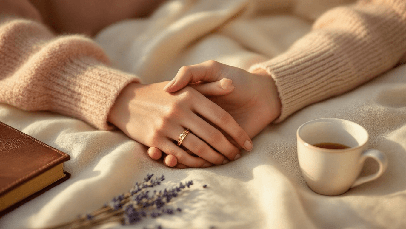 A close-up of two intertwined hands on soft cream fabric, one adorned with a gold band, surrounded by a dusty rose sweater, dried lavender, a vintage journal, and a white coffee cup, bathed in warm golden hour light.