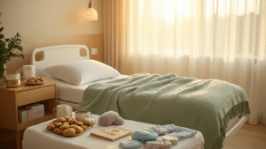 The Get-Well Gift Guide Nobody Asked For (But Everyone Needs) A bright, sunlit recovery room featuring a white hospital bed with a sage green weighted blanket and plush body pillow, surrounded by comfort essentials like gourmet cookies, tea, and lavender diffuser, all in a warm, inviting color palette.