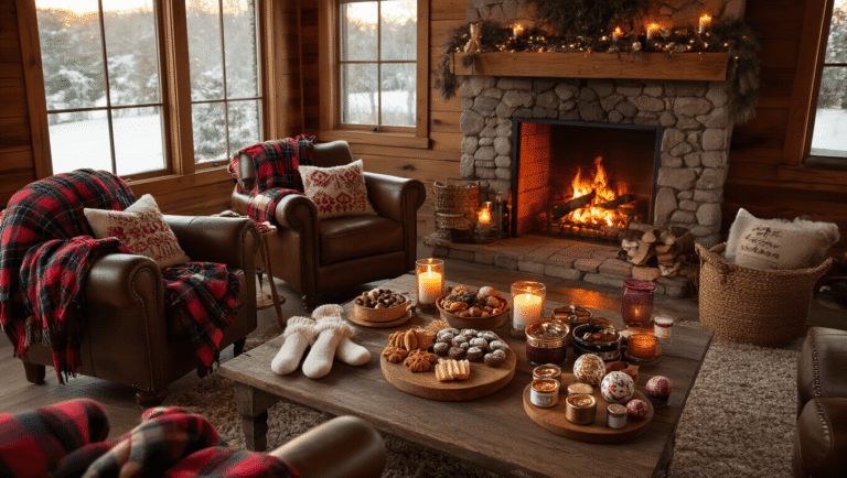 The Honest Truth About Cheap Gifts That Don't Look Cheap Cinematic overhead view of a cozy rustic living room with a warm fireplace, vintage armchairs draped in plaid blankets, a charcuterie board with artisan chocolates, fuzzy socks, scented candles, and soft fairy lights during a winter gift exchange.