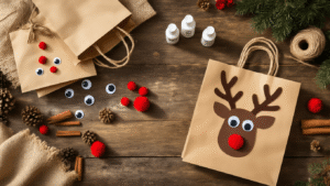 Gift Bag Ideas That'll Make Your Presents Look Actually Good Cinematic overhead shot of a rustic wooden table with festive kraft paper gift bags, scattered craft supplies like googly eyes, red pom-poms, and jute twine, and a completed reindeer bag, all illuminated by warm golden hour light.
