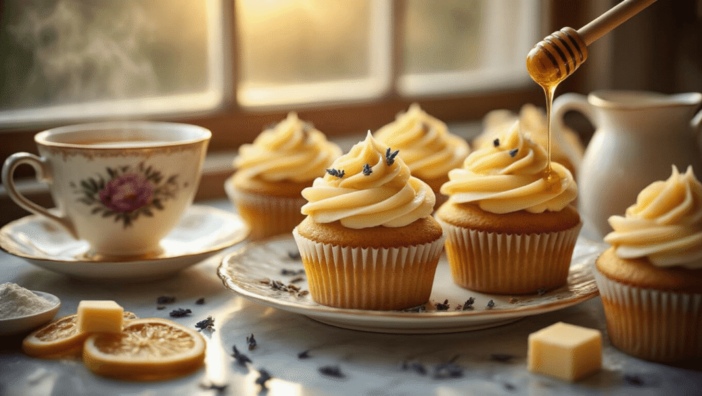 Earl Grey Cupcakes with Honey Frosting Close-up of Earl Grey cupcakes topped with golden honey frosting, surrounded by loose tea leaves and dried lemon slices, with a wooden dipper dripping honey, lavender buds for garnish, and a ceramic pitcher of steaming tea-infused milk on a marble countertop, all illuminated by warm golden hour light.