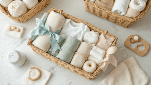 Baby Shower Basket Gift Ideas That New Parents Actually Want Overhead view of elegant baby gift baskets on a marble countertop, featuring swaddles, onesies, teethers, and nursery essentials, accented with ribbons in dusty blue and blush, all bathed in warm golden hour lighting.