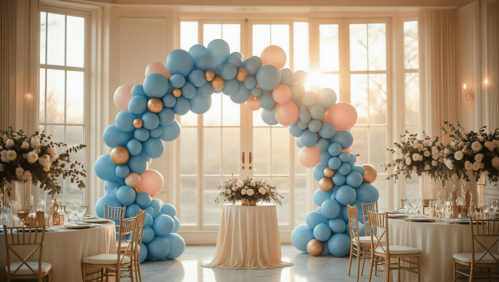 How Blue Balloons Transformed My Event Styling Game (And They'll Change Yours Too) Elegant ballroom decorated with a dusty blue and blush pink balloon arch, illuminated by warm golden hour sunlight; featuring marble tables with rose gold accents, silk cream linens, and vases of eucalyptus and cream roses, creating a romantic and luxurious celebration atmosphere.