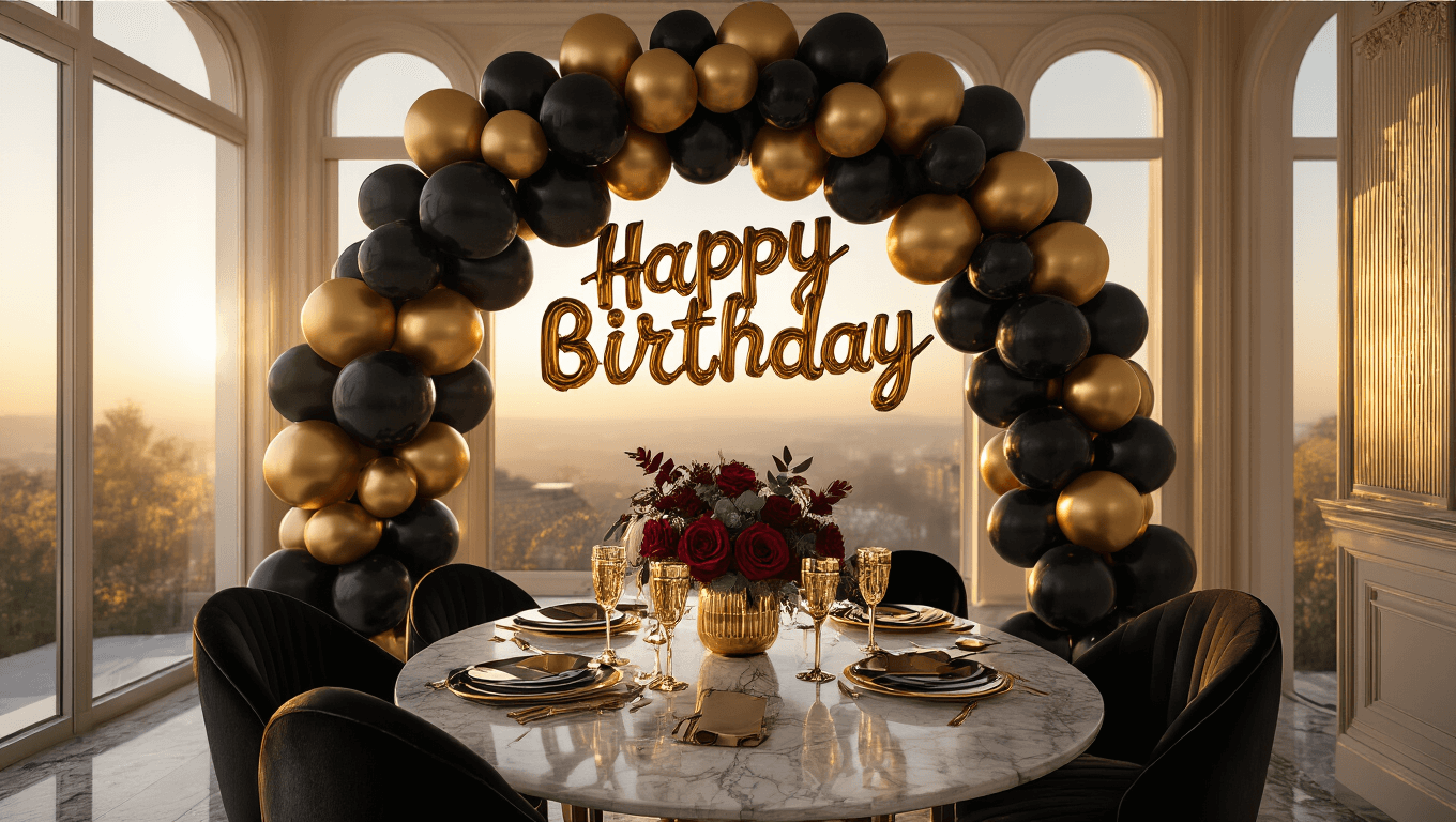 Elegant birthday celebration with a dramatic black and gold balloon arch in a sophisticated dining room, featuring a marble table set with gold-rimmed champagne glasses, black velvet chair covers, and burgundy rose centerpieces, all illuminated by warm sunset light.