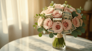 21 Money Gift Ideas That'll Make Cash Feel Like the Most Thoughtful Present Ever Close-up of a cash bouquet featuring dollar bill flowers, blush pink roses, and eucalyptus in a crystal vase on a white marble table, illuminated by soft golden hour light filtering through sheer curtains.