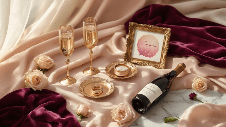 The Engagement Gift Guide You've Been Searching For (Because "Congrats!" Alone Won't Cut It) Cinematic overhead view of elegant engagement gifts on blush silk, featuring vintage gold-etched champagne flutes, a watercolor star map in an ornate gold frame, rose gold ring dishes, and a personalized wine bottle, surrounded by soft cream roses and filtered golden light, creating a romantic and luxurious atmosphere.