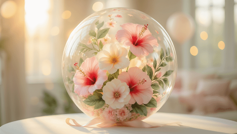Floral Balloons: Bringing Botanical Elegance to Your Celebrations Cinematic close-up of elegant floral balloons with watercolor hibiscus patterns in blush pink, sage green, and ivory, featuring a transparent bubble balloon with a faux botanical bouquet, illuminated by warm golden hour light against a creamy bokeh background.
