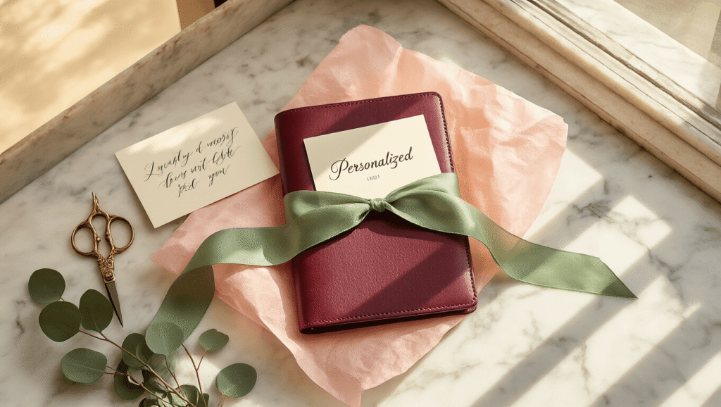 Birthday Gift Ideas That'll Actually Make Someone's Day (Not End Up in a Drawer) Elegantly wrapped personalized leather journal on a marble countertop, with blush pink tissue paper, sage green ribbon, vintage brass scissors, a calligraphy card, and dried eucalyptus, bathed in warm afternoon light.