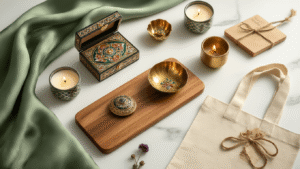 Return Gift Ideas That'll Actually Make Your Guests Happy (Not End Up in Their Junk Drawer) Cinematic flat lay of elegant return gifts including hand-painted Meenakari jewelry boxes, polished brass diya holders, wooden cutting boards, soy candles, canvas tote bags, and plantable seed packets, styled on a white marble surface with sage green silk fabric and scattered dried flowers, featuring warm natural lighting and a luxurious ambiance.