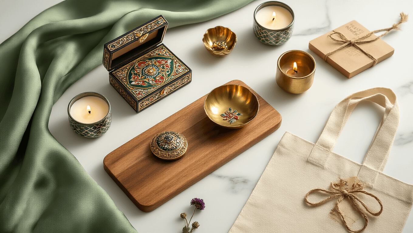Cinematic flat lay of elegant return gifts including hand-painted Meenakari jewelry boxes, polished brass diya holders, wooden cutting boards, soy candles, canvas tote bags, and plantable seed packets, styled on a white marble surface with sage green silk fabric and scattered dried flowers, featuring warm natural lighting and a luxurious ambiance.
