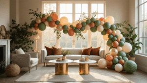 Cute Balloons That'll Make Your Space Pop (Without Looking Like a Toddler's Birthday) Cinematic shot of a sophisticated balloon arrangement in a modern living room, featuring sage green, ivory, and terracotta balloons with eucalyptus greenery, illuminated by golden hour sunlight.
