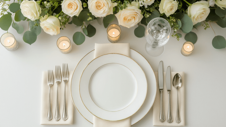 How Much Is a Wedding? Real Costs, Budget Breakdowns, and What to Actually Expect in 2025 Elegant wedding reception table setting with white porcelain dinner plates, crystal wine glasses, polished silver flatware, an ivory rose and eucalyptus centerpiece, cream linen napkins, small votive candles, and blush pink accents, captured from above on a clean background.