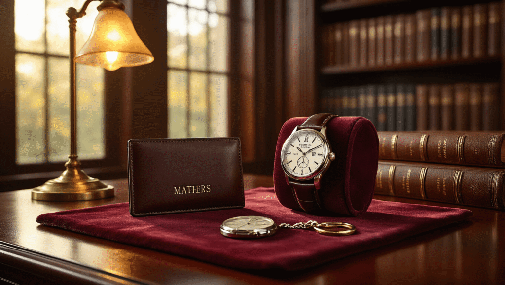The Ultimate Guide to Father's Day Gifts: Showing Dad He's One of a Kind Photorealistic image of a Father's Day gift arrangement on a polished mahogany desk in an elegant home library, featuring a monogrammed leather wallet, an engraved silver watch, and a personalized photo keychain on burgundy velvet, illuminated by warm golden sunlight with deep wood grain textures and leather-bound books in the background.