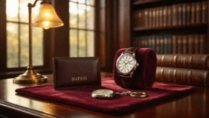 The Ultimate Guide to Father's Day Gifts: Showing Dad He's One of a Kind Photorealistic image of a Father's Day gift arrangement on a polished mahogany desk in an elegant home library, featuring a monogrammed leather wallet, an engraved silver watch, and a personalized photo keychain on burgundy velvet, illuminated by warm golden sunlight with deep wood grain textures and leather-bound books in the background.