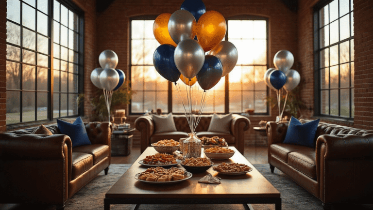 Football Balloons: Your Complete Guide to Game Day Decorating That Actually Works Cinematic wide-angle shot of a modern living room decorated for game day with mylar football balloons, elegant appetizers, and warm lighting.