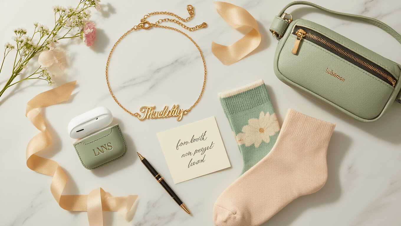 Cinematic overhead flatlay of thoughtful friendship gifts on a white marble surface, featuring a gold initial necklace, personalized leather AirPods case, birth month flower socks, sage green lululemon belt bag, a handwritten note, silk ribbons, and delicate wildflowers, all styled for a warm and inviting look.