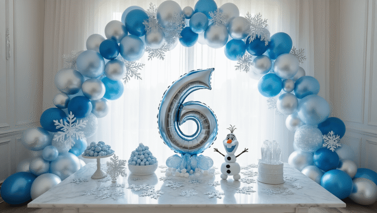 Transform Your Space with Frozen Balloon Magic: A Complete Party Styling Guide Elegant living room transformed into a Frozen-themed wonderland with glacier blue and silver balloon garland, a large foil Elsa balloon centerpiece, and snowflake confetti on a marble table, all illuminated by soft natural light.