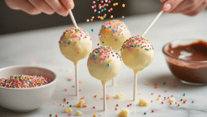 Funfetti Cake Pops That Actually Stay on the Stick Cinematic close-up of funfetti cake pops coated in glossy white chocolate and rainbow sprinkles, set against a soft-focus warm kitchen backdrop with a marble countertop, featuring a melted chocolate bowl, scattered sprinkles, and hands mid-dip, creating a cozy baking atmosphere.