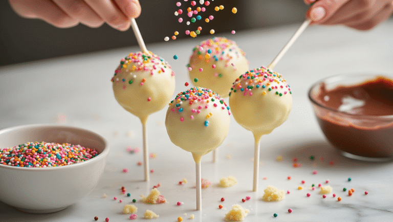 Funfetti Cake Pops That Actually Stay on the Stick Cinematic close-up of funfetti cake pops coated in glossy white chocolate and rainbow sprinkles, set against a soft-focus warm kitchen backdrop with a marble countertop, featuring a melted chocolate bowl, scattered sprinkles, and hands mid-dip, creating a cozy baking atmosphere.