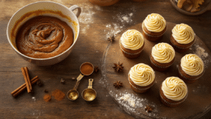 Gingerbread Cupcakes That Actually Taste Like Christmas Aerial view of gingerbread cupcakes in a rustic kitchen, featuring rich molasses batter, scattered spices, golden-brown frosted cupcakes with cream cheese swirls, vintage measuring spoons, and flour dusting, illuminated by warm amber light with cozy holiday ambiance.