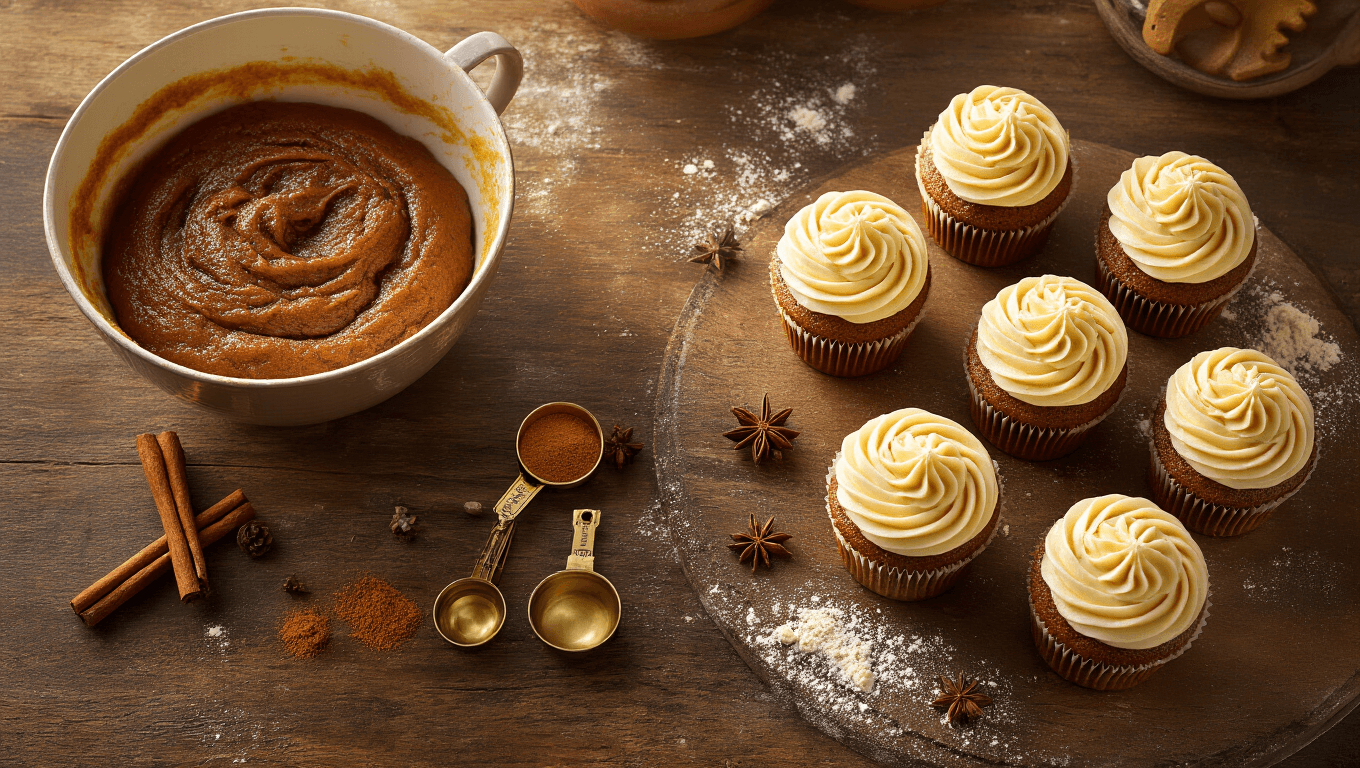 Aerial view of gingerbread cupcakes in a rustic kitchen, featuring rich molasses batter, scattered spices, golden-brown frosted cupcakes with cream cheese swirls, vintage measuring spoons, and flour dusting, illuminated by warm amber light with cozy holiday ambiance.