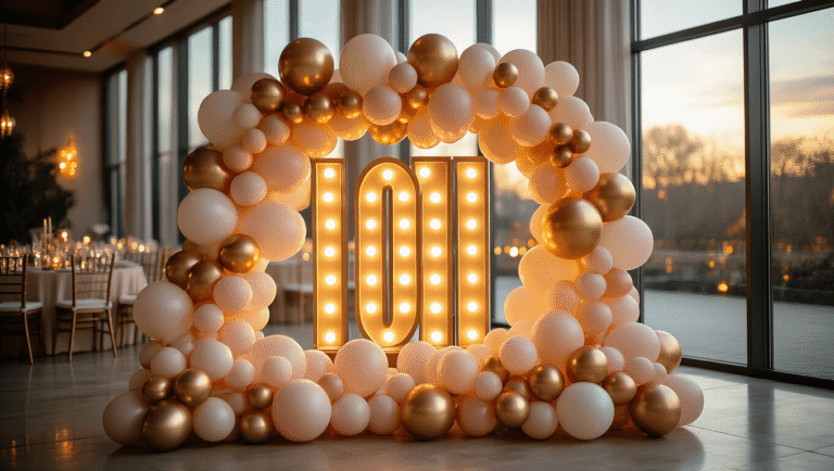 Marquee Numbers with Balloons: Everything You Need to Create Show-Stopping Event Decor Illuminated gold marquee numbers surrounded by an elegant cascading balloon garland in ivory, blush, and champagne, set in a luxurious event venue with warm LED lighting and natural golden hour light, showcasing a sophisticated party atmosphere.