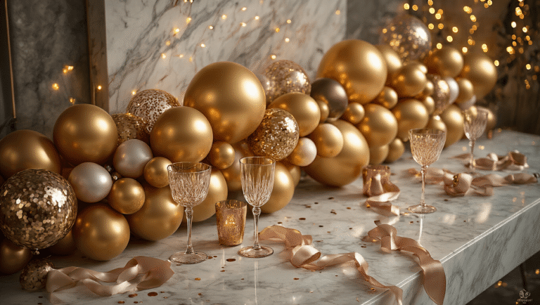 Golden Balloons: Everything You Need to Transform Your Next Celebration Cinematic wide-angle shot of an elegant party setup with cascading golden balloons, crystal champagne flutes, and rose gold accents against a marble backdrop, illuminated by warm ambient lighting and twinkling fairy lights in a soft-focus background.