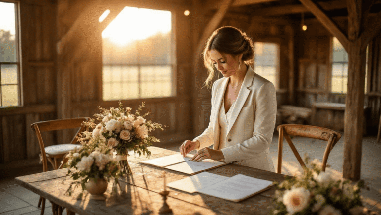 How to Become a Wedding Officiant: Everything You Need to Know Warm golden hour wedding rehearsal in a rustic barn with a female officiant in an ivory blazer, vintage wooden chairs adorned with floral arrangements, and soft romantic lighting creating an intimate atmosphere.