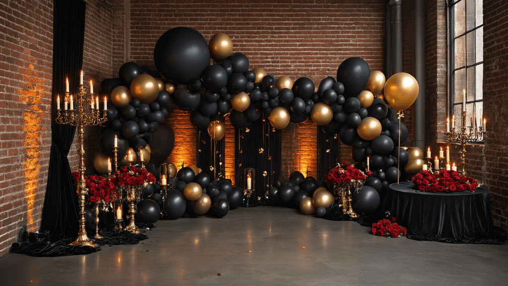 Black Balloons Aesthetic: How I Transform Events with Moody Elegance Cinematic overhead view of an elegant gothic-inspired event space featuring clusters of matte black balloons, metallic gold confetti balloons, deep red roses, and vintage gold candelabras, all illuminated by warm amber uplighting and dramatic side lighting, against exposed brick walls and reflecting concrete floors.
