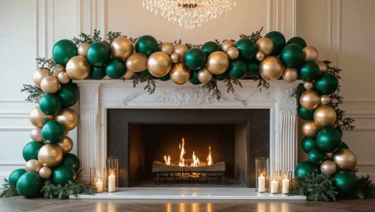 Holiday Balloons That'll Make Your Guests Actually Say "Wow" Luxurious holiday ballroom with an organic balloon garland in emerald green, gold, and champagne chrome on a white marble fireplace, soft candlelight, and elegant chandelier creating a festive atmosphere.