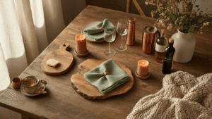 The Hostess Gift Dilemma: What Actually Makes Your Host Happy (Without Breaking the Bank) Cinematic overhead shot of a rustic wooden dining table adorned with handcrafted ceramic serveware, sage green linen napkins, dusty rose beeswax candles, and additional curated hostess gifts, all bathed in warm golden hour light.