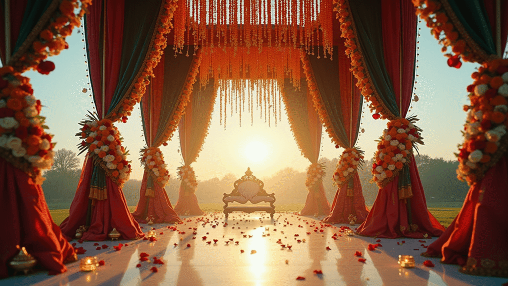 How to Create Stunning Indian Wedding Decor That Honors Tradition and Impresses Your Guests Cinematic wide-angle view of an ornate Indian wedding mandap adorned with marigold and jasmine garlands, silk and velvet drapes, and brass lamps, illuminated by warm golden hour light, creating a romantic atmosphere.