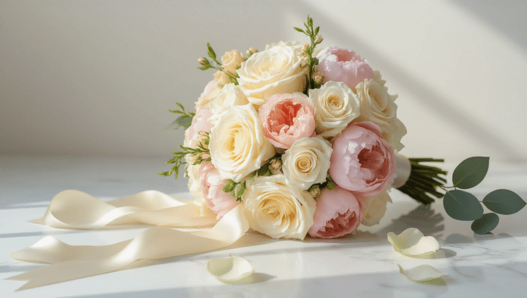 How Much Do Wedding Flowers Really Cost in 2025? Luxurious silk wedding bouquet with ivory roses, blush peonies, and champagne ranunculus on a marble surface, accented with rose petals, satin ribbon, and eucalyptus leaves, captured in soft natural light.
