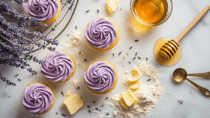 Lavender Honey Cupcakes: A Delicate Floral Delight Cinematic overhead shot of lavender honey cupcakes with purple frosting, surrounded by dried lavender, drizzled honey, butter curls, flour dust, and vintage measuring spoons on a white marble countertop, with warm lighting and gentle steam.