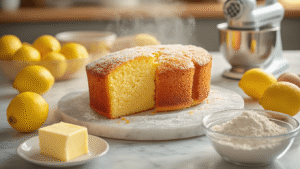 The Perfect Lemon Drizzle Cake That Actually Works (No Dry Disasters Here) Cinematic kitchen scene showcasing a golden lemon drizzle cake with crystallized sugar topping, surrounded by fresh lemons, softened butter, cracked eggs, and flour, all beautifully arranged on a marble countertop with warm lighting.