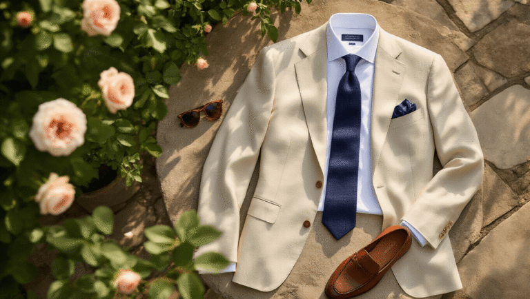 How to Style a Light Beige Suit for a Garden Party Without Looking Washed Out A sophisticated flat lay of a light beige linen suit jacket, white dress shirt, navy silk tie, and brown leather loafers on a sunlit stone garden terrace, surrounded by greenery and blush garden roses.