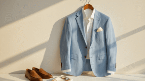 Linen Suits for Summer Weddings Light blue linen suit jacket on a wooden hanger against a white backdrop, styled with a white dress shirt, cream silk pocket square, brown leather loafers, vintage watch, and pearl cufflinks, illuminated by warm sunlight.