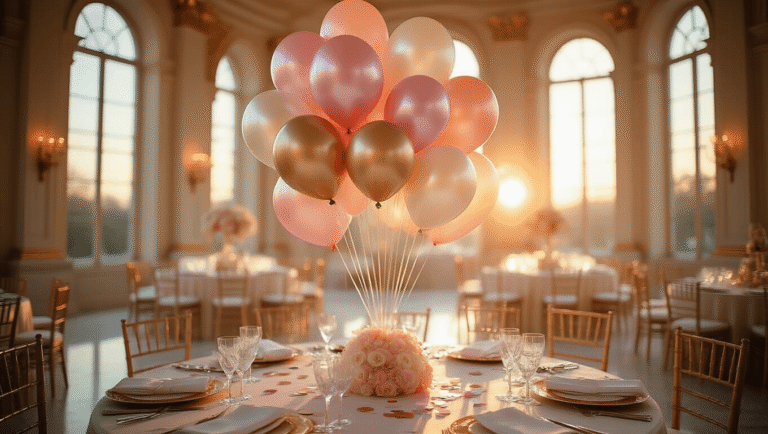 Balloon Bouquets: Everything You Need to Know About This Perfect Gift A luxurious balloon bouquet with iridescent Mylar balloons in blush pink, champagne gold, and pearl white centered in an opulent ballroom during golden hour, featuring crystal glassware and silk linens, with warm light streaming through arched windows and polished marble floors.