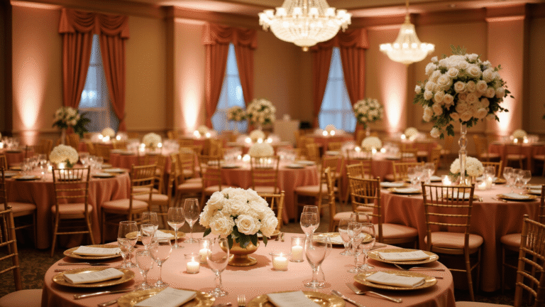 Complete Wedding Decoration: Transform Your Venue Into a Personalized Dream Cinematic wide-angle shot of an elegant wedding ballroom reception featuring dusty rose velvet linens, gold chiavari chairs, crystal chandeliers, white rose centerpieces, and warm candlelight, creating a luxurious and romantic atmosphere.