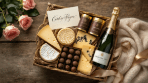 Gift Hamper Ideas That'll Actually Make People Happy (Not Collect Dust) An overhead cinematic shot of an elegantly arranged gift hamper on a weathered oak table, showcasing premium champagne, artisanal cheese, gourmet chocolate truffles, fresh roses, luxury tea tins, a soft cashmere throw, handwritten cards, and delicate ribbons, all bathed in warm golden hour lighting.