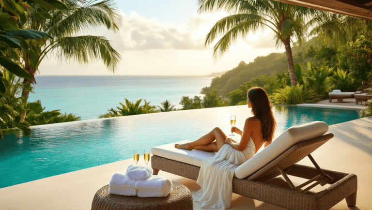 How to Plan the Perfect Honeymoon Without Losing Your Mind Couple relaxing by a luxurious infinity pool with turquoise water, surrounded by tropical greenery and palm trees, with champagne flutes on a nearby table, exuding a serene and romantic honeymoon atmosphere.