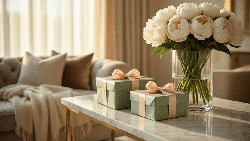 The Gift-Giving Panic: Finding Something Mom Will Actually Love Cinematic wide shot of a luxurious living room with warm golden afternoon light, featuring a marble console table adorned with elegantly wrapped gifts, a crystal vase of white peonies, and a cashmere throw on a velvet armchair, all set against a clean minimalist backdrop with creamy bokeh.