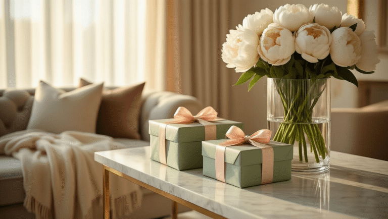 The Gift-Giving Panic: Finding Something Mom Will Actually Love Cinematic wide shot of a luxurious living room with warm golden afternoon light, featuring a marble console table adorned with elegantly wrapped gifts, a crystal vase of white peonies, and a cashmere throw on a velvet armchair, all set against a clean minimalist backdrop with creamy bokeh.