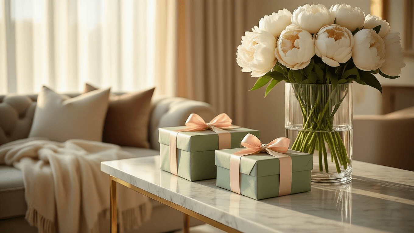 Cinematic wide shot of a luxurious living room with warm golden afternoon light, featuring a marble console table adorned with elegantly wrapped gifts, a crystal vase of white peonies, and a cashmere throw on a velvet armchair, all set against a clean minimalist backdrop with creamy bokeh.