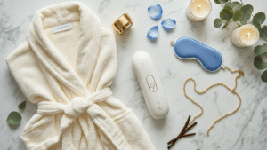 The Ultimate Gift Guide for Your Sister: Ideas She'll Actually Love (Not Just Pretend To) Cinematic flat lay of luxury wellness items on white Carrara marble, featuring a cream Brooklinen robe, NuFace Trinity+ device, Grace & Stella eye masks, Dieux moisturizer, sterling silver wishbone necklace, beaded martini bag, and eucalyptus sprigs, illuminated by soft diffused lighting.