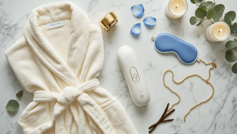 The Ultimate Gift Guide for Your Sister: Ideas She'll Actually Love (Not Just Pretend To) Cinematic flat lay of luxury wellness items on white Carrara marble, featuring a cream Brooklinen robe, NuFace Trinity+ device, Grace & Stella eye masks, Dieux moisturizer, sterling silver wishbone necklace, beaded martini bag, and eucalyptus sprigs, illuminated by soft diffused lighting.