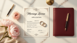 How to Get a Marriage License Without Losing Your Mind A romantic flat lay of marriage license application documents on marble, featuring an elegant license form with a calligraphy pen, wedding bands, a burgundy leather folder, government stamps, and blush peonies, all illuminated by warm golden hour light.