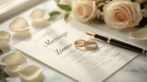 How to Elope: Your Complete Guide to Getting Legally Married Aerial view of a marriage license document on a white marble surface, adorned with gold wedding bands, a vintage fountain pen, and scattered ivory rose petals, all bathed in soft natural light with a dreamy bokeh background in cream and blush tones, evoking an intimate and romantic atmosphere.